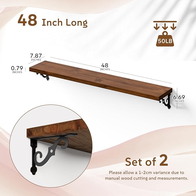 48 Inch 2 Tier Solid Wood Floating Shelves for Wall with Metal Brackets | 48 inch solid pine shelves, 2 tier, walnut finish, metal brackets for books, decor and home storage
