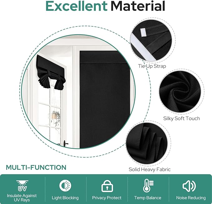 HOMEIDEAS 100% Linen Blackout French Door Curtains, Privacy Small Door Window Curtains, 26 X 20 Inch Shades for Front Window, Thermal Insulated Covering, 1 Panel, Black