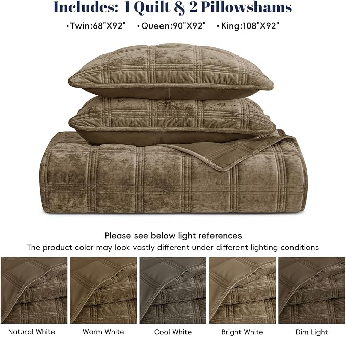 PHF Ultra Soft Velvet Quilt Set Queen Size – 3PCS Luxurious Cozy Quilted Comforter Alternative with Diamond Pattern, Warm Quilted Bedspread Coverlet, 90" x 92", Cub