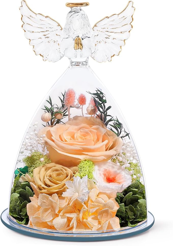 FIACO Gifts for Mom Women Birthday Preserved Rose in Glass Angel Figurine Forever Fresh Flower for Delivery, Mothers Day Flowers Gifts for Grandma Wife Daughter