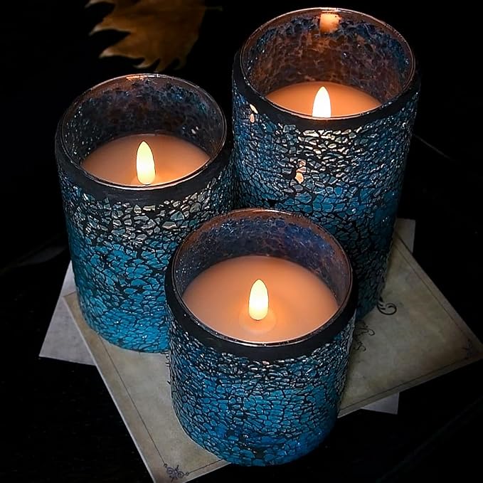 TELOSMA LED Mosaic Flameless Candle, Blue Cracked Glass Pattern Flikering Wick Pillar Candle - Wedding Table Centerpieces Fireplace Decor - Set of 3