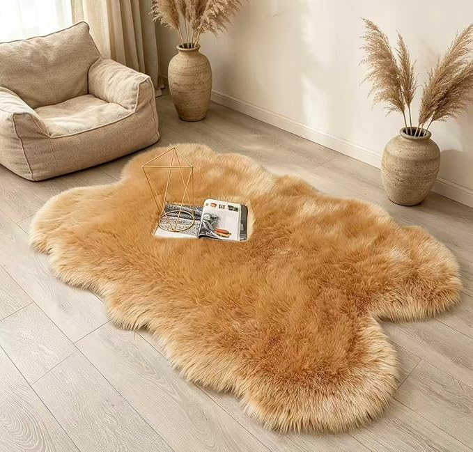 Faux Fur Rug Brown Fluffy Sheepskin Area Rug,Ultra Soft Shaggy Plush Rug Bedroom Living Room Sofa Floor Kids Room Bedside（4 x 6 ft Sheepskin）