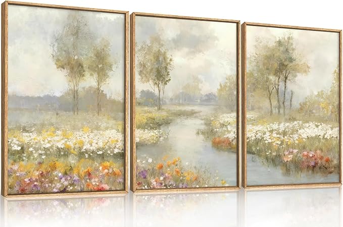 HPNIUB Large Watercolor Wildflower Framed Canvas Wall Art,Vintage Landscape Wall Decor,Rustic Wilderness Field Art Prints,Nature Floral Tree Artwork for Living Room,Bedroom,Farmhouse,Office -16"x24"x3