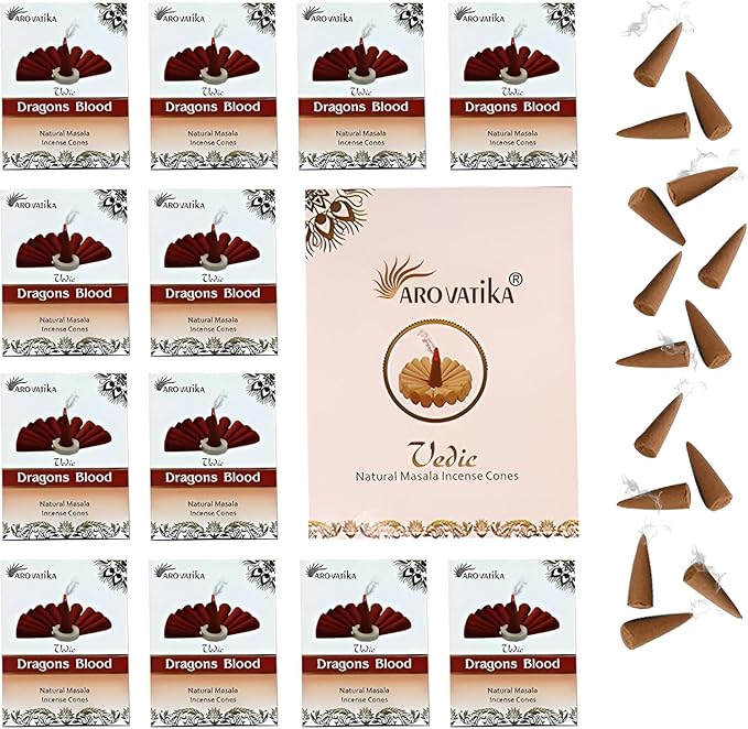 ARO VATIKA Vedic Dragons Blood Natural Masala 120 Incense Cones in Pack of 12 Boxes |12 Assorted Fragrances Dhoop Cones | Best for Prayer, Reiki, Meditation and Relaxation | Burn time- 25 Mins