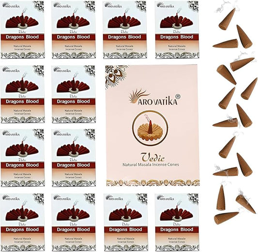ARO VATIKA Vedic Dragons Blood Natural Masala 120 Incense Cones in Pack of 12 Boxes |12 Assorted Fragrances Dhoop Cones | Best for Prayer, Reiki, Meditation and Relaxation | Burn time- 25 Mins