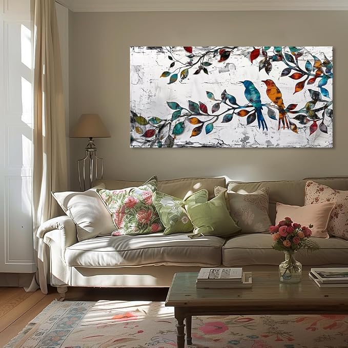 Wall Art Funny Paintings Colorful Birds on a Branch Art Mural Pop Art Home Office Wall Decor Framed Canvas Wall Decor for Living Room Ready to Hang - 71x36in