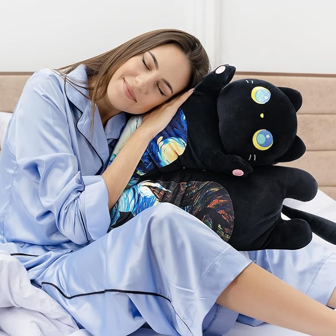 Mewaii Long Cat Plush 5 Sizes, 120% Extra Filling Giant Plushness Kids Body Pillow, Kawaii Cute Black Starry Cat Stuffed Animals Plushies, Big Long Black Cat Body Pillow Plush Gift for Girls 20”