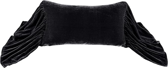 HiEnd Accents Stella Faux Silk Velvet Long Ruffled Pillow, 14x26 inch, Black, Romantic Western Modern Traditional Style Luxury Bedding, Decorative Throw Pillow