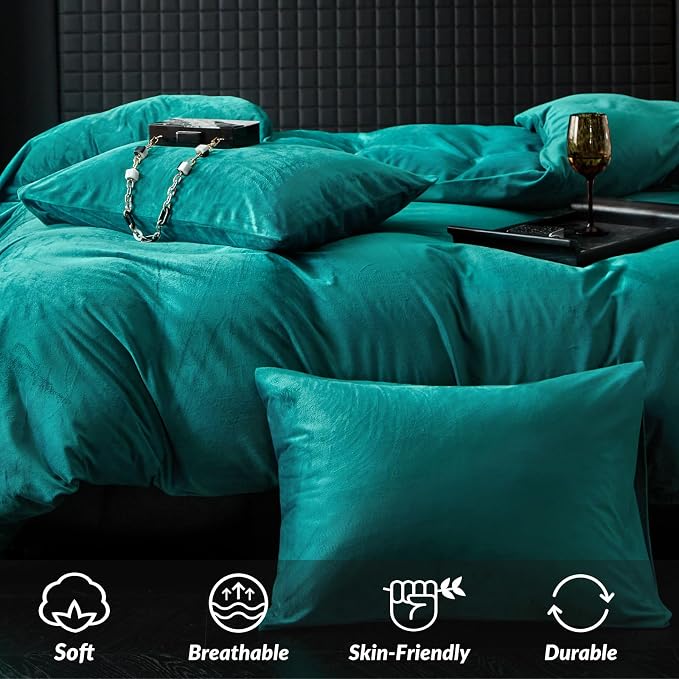 WARMDERN Teal Blue Flannel Velvet Duvet Cover King Size Duvet Cover Bedding Sets, 3pcs Ultra Soft Luxury Textured Modern Crystal Velvet Duvet Covers with Zipper Closure(Teal Blue, King)