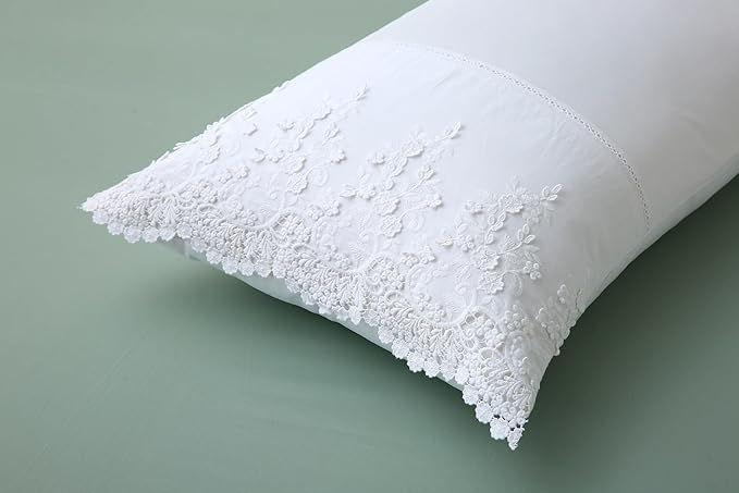 White Lace Pillow Shams with 3D Flowers Retro Noble Luxury Elegant Look Pillowcases 100% Cotton King Size 2-Pack