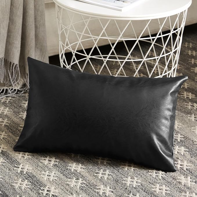 Fancy Homi Black Faux Leather Boho Lumbar Decorative Throw Pillow Covers 12x20 Inch, Thick Modern Solid Cushion Case Set 30x50 cm for Couch Sofa Bedroom Living Room, Rustic Modern Farmhouse Home Decor