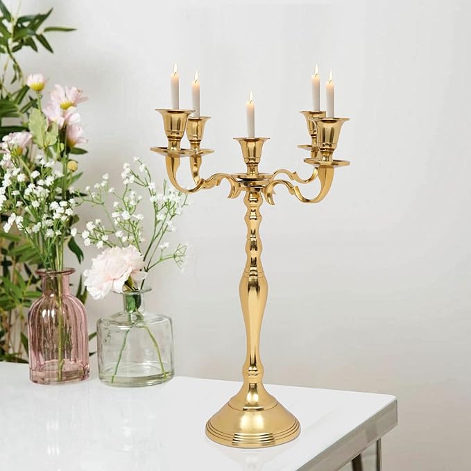 Metal Candelabra Five Arm Decorative Candlestick Holder for Weddings, Events, Dining Table Centerpiece Decoration, Halloween, Thanksgiving, Christmas, New Year & Everyday Use - 16 Inch Tall - Gold