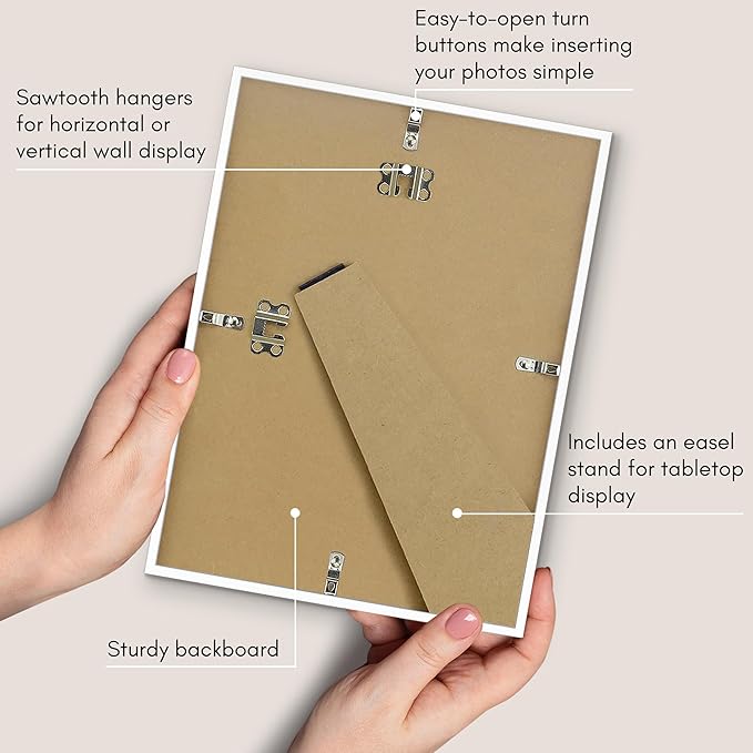 Americanflat 8x11 Picture Frame with Shatter-Resistant Glass - Streamline Collection - Thin Border Photo Frame for Tabletop and Wall Display - Hanging Hardware and Easel Stand Included - White