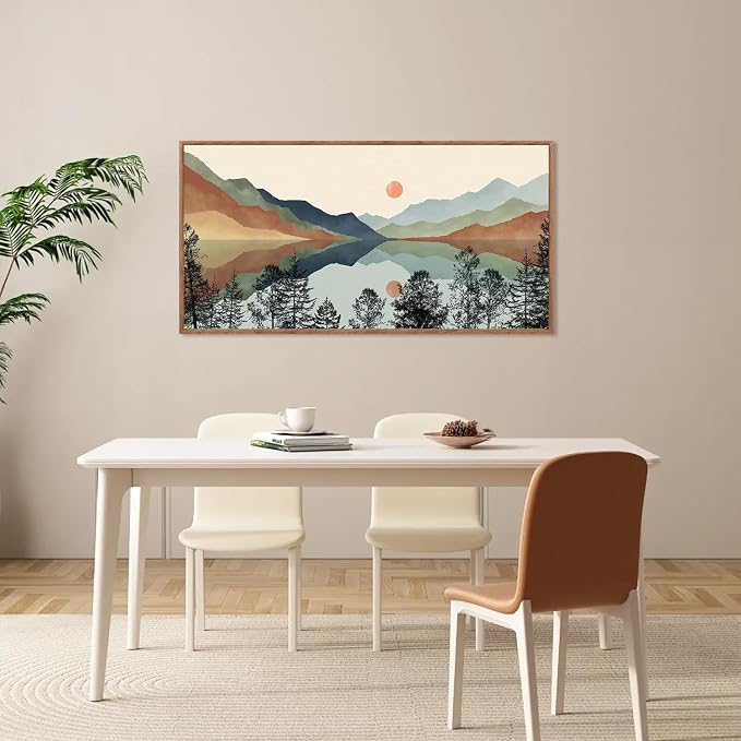 CHDITB Mountain Sun Forest Framed Art Prints(40"x20"), Boho Watercolor Nature Landscape Canvas Artwork Painting, Abstract Foggy National Park Scenery Poster Decor for Living Room Bedroom