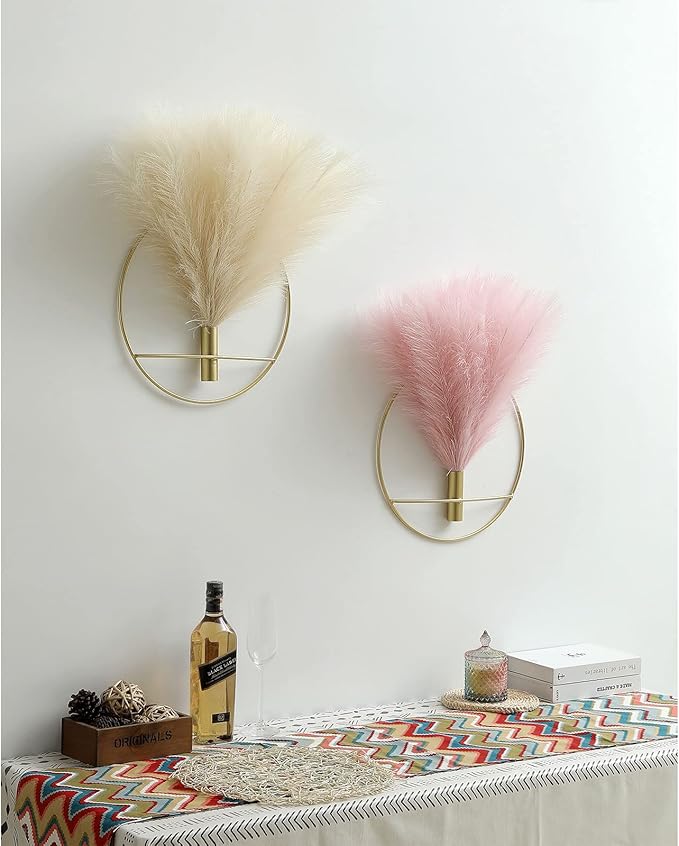 Pretty Jolly Boho Wall Decor, Large Wall-Mounted Metal Wall Decor, Hanging Artificial Pampas Display, Wall Art Living Room, Bedroom, Bathroom, Dining room, 2 Pack Gold Beige