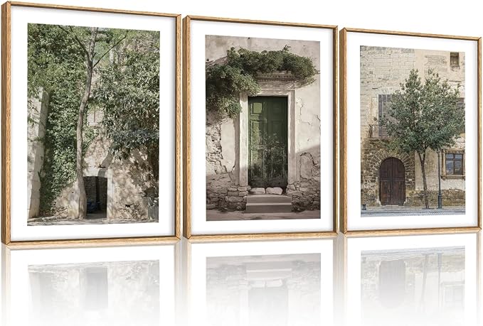 HOURIA Vintage Italy City Landscape Framed Canvas Wall Art Set,Sage Green Olive Tree Old House Wall Decor,Modern Mediterranean Country Cityscape Artwork for Living Room,Bedroom,Farmhouse-12 x16 x3