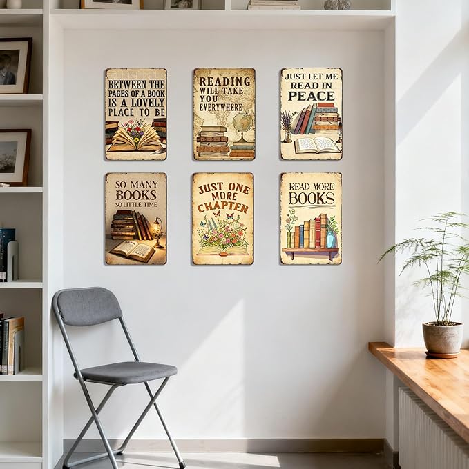 Vintage Classroom Decor 6pcs Reading Book Posters Metal Signs - Library Wall Art Reading Corner Decor for Dorm, Book Shop, Middle & High School Classroom Decorations Sign 8x12 Inch