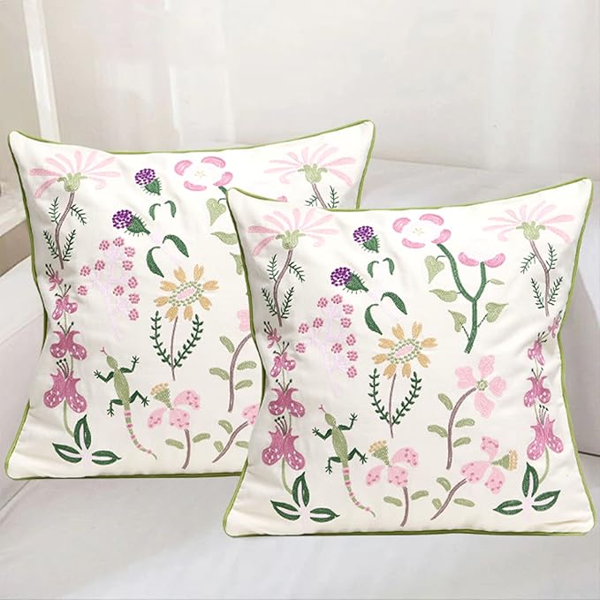 Set of 2 Embroidered Decorative Throw Pillow Covers Couch Square Pillowcases Cushion for Bedroom Sofa Farmhouse Decor 18x18 Inch (Gecko Flower)