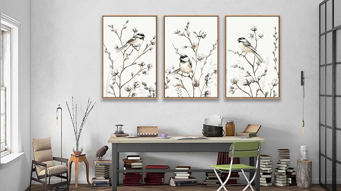 Large Bird Wall Art for Living Room Natural Wood Float Framed Art Set of 3 Tropical Plant Pictures Boho Artwork White Flowers Canvas Prints for Bedroom Kitchen Home Office Wall Decor 20"X28"X3