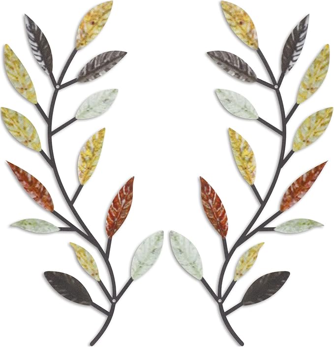 Zhengmy 2 Pieces Metal Tree Leaf Wall Decor Vine Olive Branch Leaf Wall Art Living Room, Hallway Wall Decor Outdoor Decoration(Multi Color)