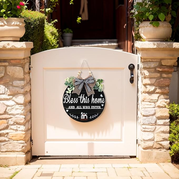 3D Bless This Home and All Who Enter Wooden Front Door Signs，Door Decorations Hanging,Christian Jesus Home Porch Wall Decor，Spring Wreaths，Door Wreaths for Front Door Outside All Season(Black)