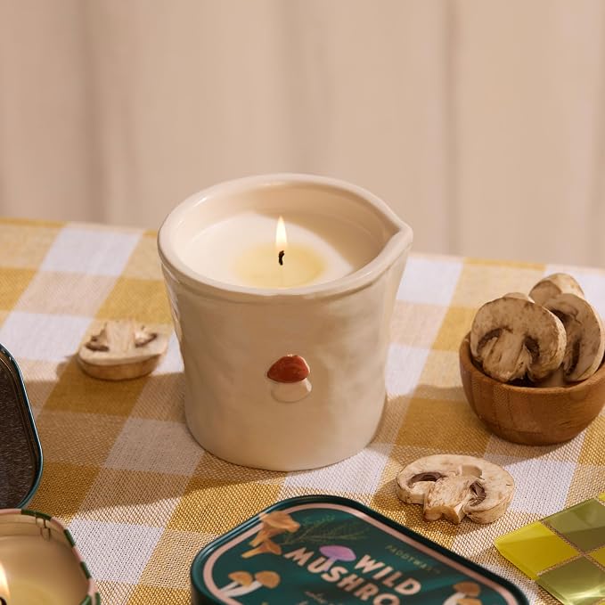 Paddywax Bistro Hand Painted Scented Candle in Ceramic Reusable Food-Safe Jar with Gift Box, Soy Candle with Approx. 56 Hour Burn Time, Wild Mushroom, 8 oz