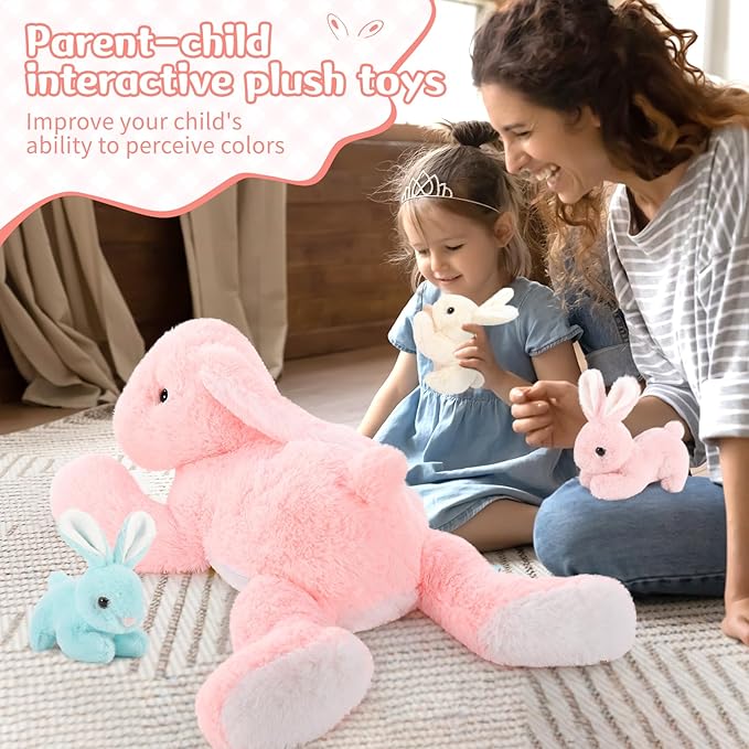 MaoGoLan 4Pcs Giant Bunny Stuffed Animal with 3 Babies Inside, 24" Easter Bunny Plush Toys, Soft and Cuddly Pink Stuffed Rabbit Gift for Kids,Girls,Boys,Teens