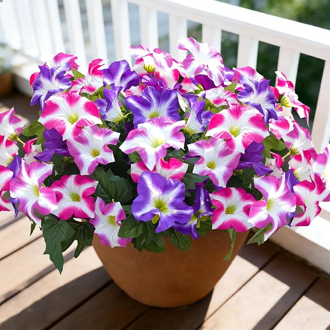 FULLMUSIC Spring Artificial Flowers for Outdoors, UV Resistant Fake Morning Glory, Look Real Faux Silk Plants for Front Door Garden Porch Planter