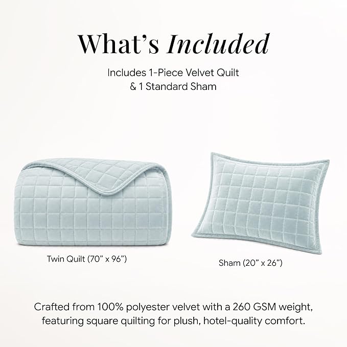 Tribeca Living Luxury Velvet Quilt Twin Size Set - 260GSM Ultra-Soft Oversized Velvet Bedspread Comforter Set with 1 Sham, in Florence Haze Blue