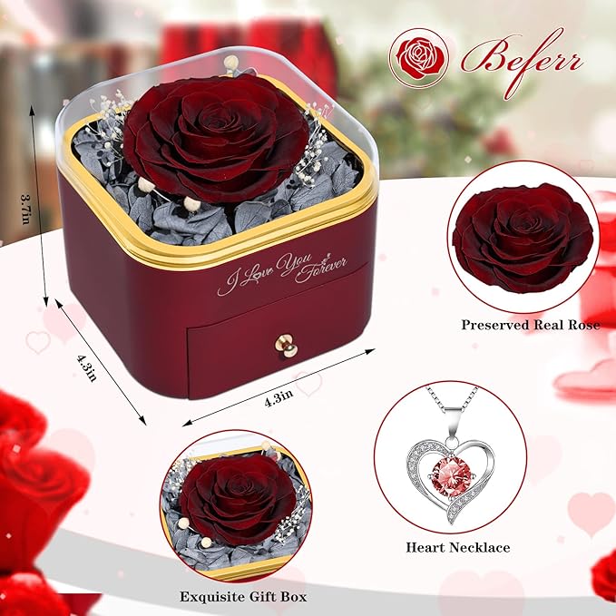 Beferr Mothers Day Forever Rose with Necklace for Mom Birthday Gifts Preserved Roses Eternal Flower for Delivery Fresh Flowers Gifts for Mother Wife Her Grandma Sister Daughter Girls Friends