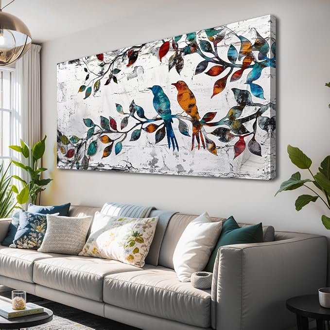 Wall Art Funny Paintings Colorful Birds on a Branch Art Mural Pop Art Home Office Wall Decor Framed Canvas Wall Decor for Living Room Ready to Hang - 48x24in
