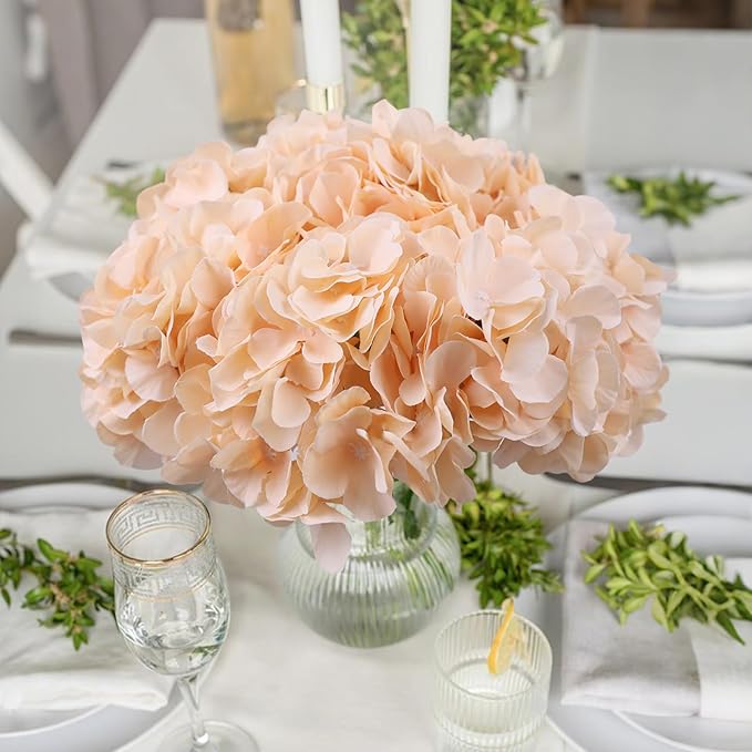 AVIVIHO 10pcs Fake Flowers Champagne Hydrangea Artificial Flowers Bulk (Not Squished, No Steaming Need) Silk Flowers with Stems for Wedding Decor,Home,Baby Shower,Table Centerpieces Decoration