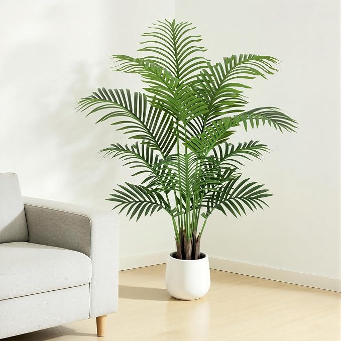 4ft Artificial Palm Tree Tall Faux Palm Tree Indoor Large Fake Plants with 12 Trunks Artificial Plants with White Pot Lifelike Leaves for Home Office Decor Living Rooms Bedrooms