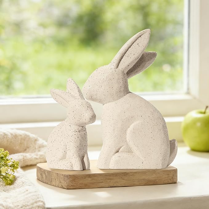 DN DECONATION Easter Decorations White Bunny Decor Rabbit Figurines, Wabi Sabi Easter Bunny Statue Set of 2 for Spring Tabletop Home Decor Farmhouse Shelf Mantel, Pressed Wood Sculpture