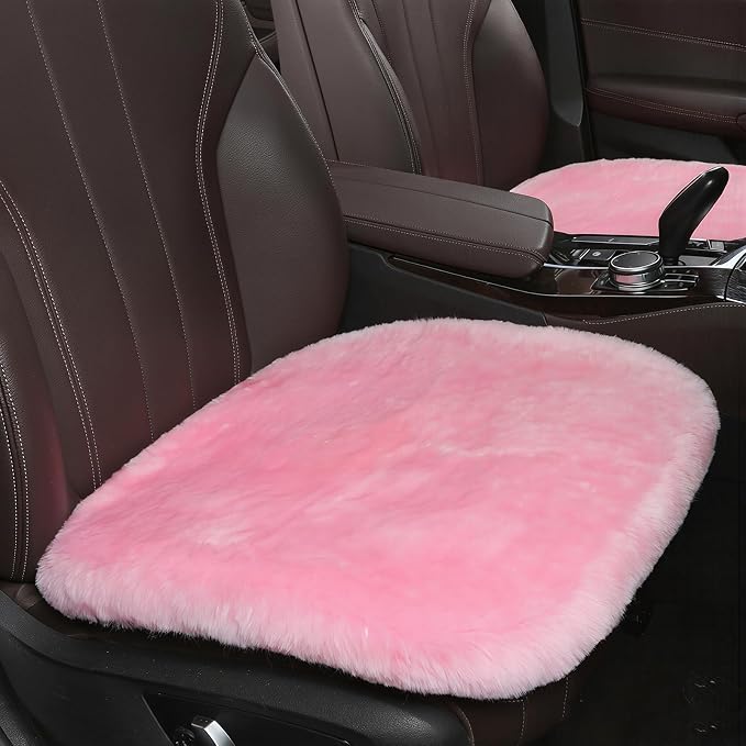 OGLAND Fuzzy Genuine Sheepskin Car Seat Cover for Women Cushion Auto Interior Accessories with Soft Fluffy Wool Natural Fur, Pink, 20 * 20inchs