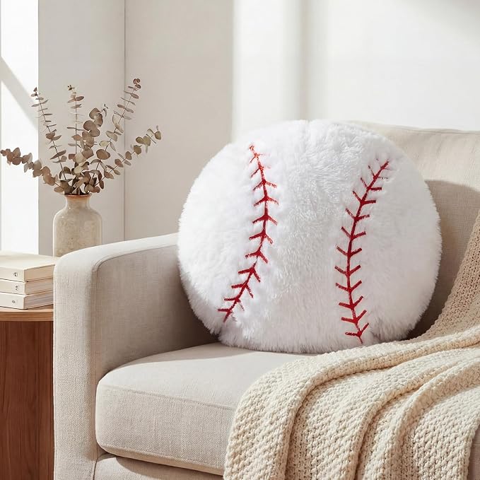 Juexica 18 Inch Baseball Pillow for Boys Room, Soft Plush Baseball Decorative Pillow, Sports Theme Bedroom Decor for Kids Playroom Sofa Bed