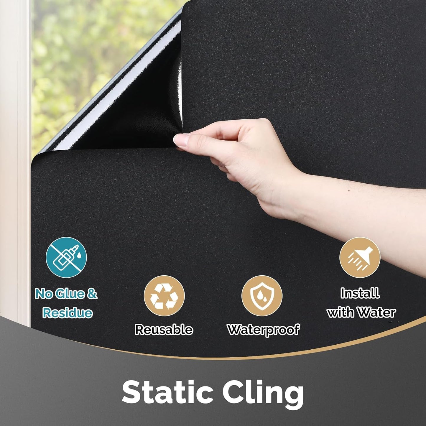 DOWELL Blackout Window Film, 100% Light Sun Blocking Static Cling Frosted Privacy Film for Glass, Heat Control Removable Window Tint, Room Darkening Cover for Day Sleep, Black, 35.4" x 78.5"