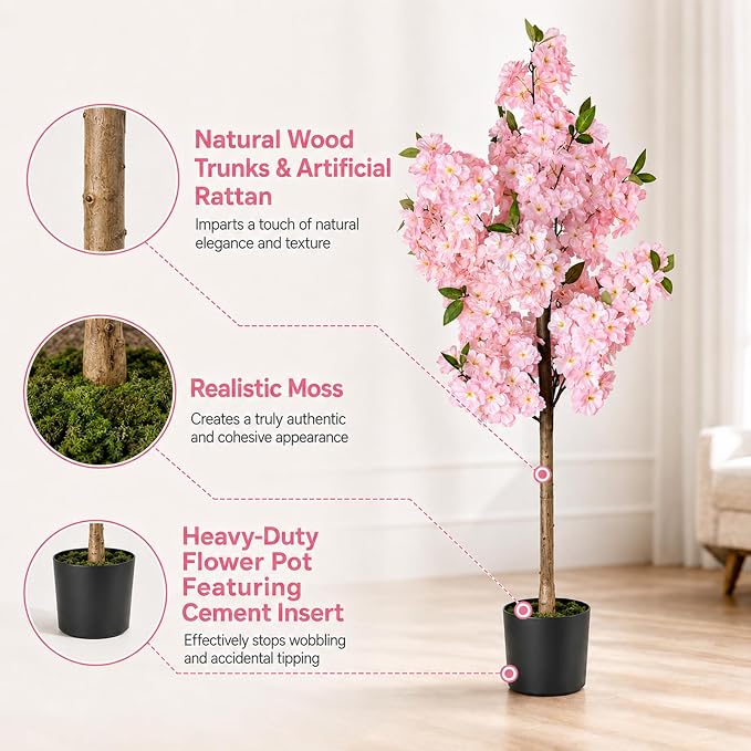 Set of 2 Artificial Cherry Blossom Trees 4FT, Faux Pink Sakura Blossom Flower Tree with Secure Heat-Fused Petals & Base, Realistic Potted Fake Plants for Home Office Wedding Indoor Decor