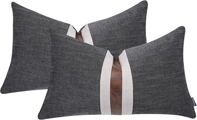 BOYSUM Set of 2 Leather Throw Pillow Covers Lumbar Cotton Linen Decor Patchwork Pillow Cover Faux Leather Pillows Cover for Couch Sofa Living Room Bedroom,Black 12"x20"