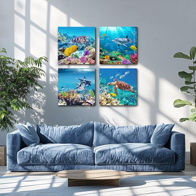 MHARTK66 Canvas Wall Art - Coral and Fish Modern Home Decor Stretched and Framed Ready to Hang Ocean Theme Sea fish and sea turtles Mediterranean Style Canvas Prints The bathroom wall decor- 4 Panels