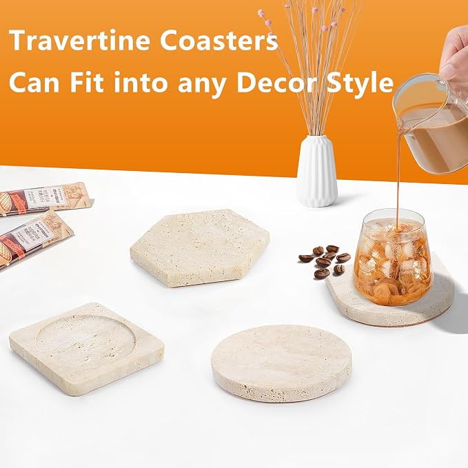 4Pcs Travertine Coasters with Nature Limestone Material and Gold Metal Holder, 4”Diameter Round Shape Bar Coasters Set with Cork Pad for Housewarming Christmas Birthday Gift