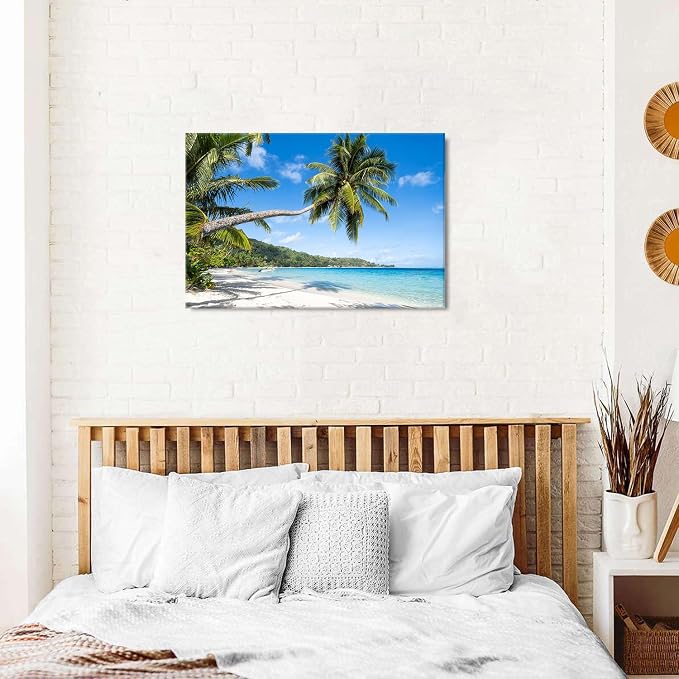 Tropical Coastal Wall Art Beach Landscape Palm Tree Pictures for Living Room Bathroom Wall Decor Ocean Scenery Poster Nature Seascape Canvas Prints Modern Framed Artwork Office Home Decorations 20x30”