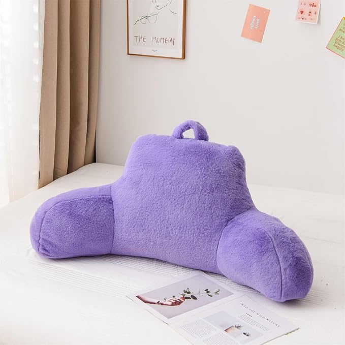 A Nice Night Faux Fur Reading Pillow Bed Wedge Adult Children Backrest with Arms Back Support for Sitting Up in Bed/Couch for Bedrest,Large Size,Light Purple