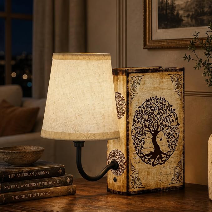 Vintage Bookshelf Lamp Rechargeable, Cordless Book Lamp with Linen Shade, Dimmable Touch Control Table Lamp, Modern Decorative Bookend, Bookshelf Lights for Office Home, Library, Study