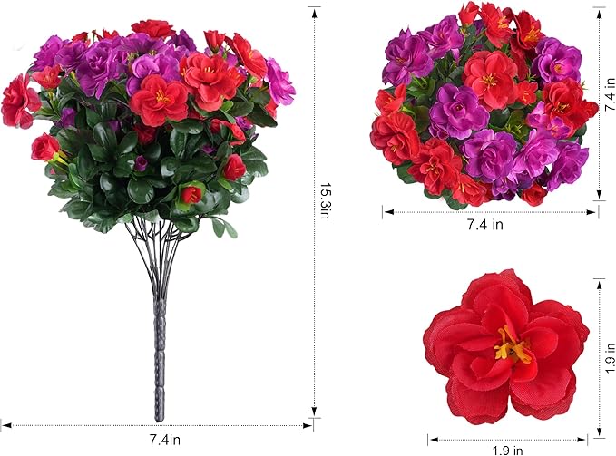 Artificial Faux Outdoor Flowers Plants for Spring Summer Decoration, Fake Silk Camellia UV Resistant Look Real for Planter Outside Front Door Porch Patio Balcony, 3 Large Bundles (Red+Fuchsia)