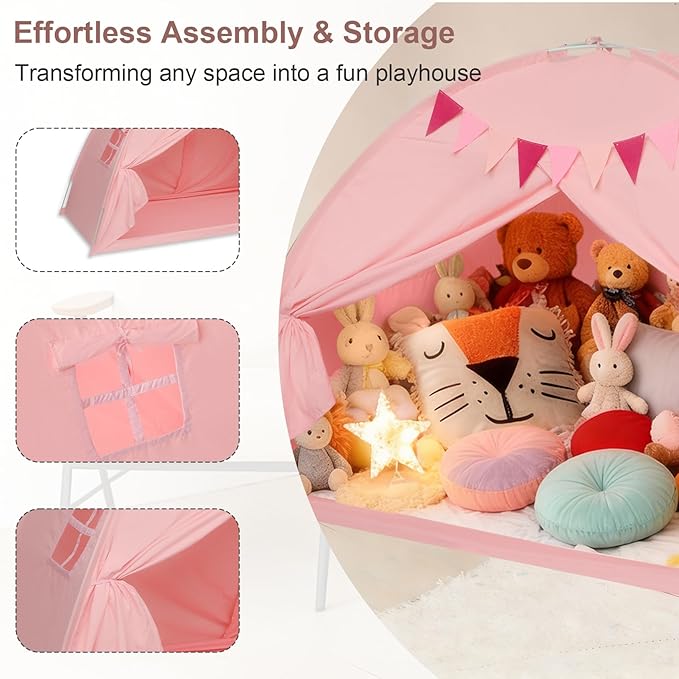 Twin Bed Tent Canopy, Indoor Blackout Privacy Toddler Bed Tent for Kids with Light, Portable Sleeping Floor Kids Playhouse (Pink, Twin Size)