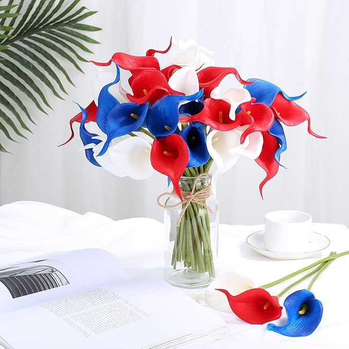 24 Pcs Patriotic Calla Lily Flower 4th of July Artificial Flowers Fake Blue White Red Silk Flowers Real Touch for Independence Memorial Day