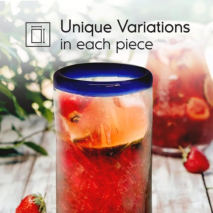 Cobalt Blue Rim 20 oz Tall Iced Tea Glasses (set of 6), Recycled Glass, Lead-free, Toxin-Free (Iced Tea)