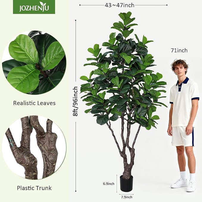 8FT Faux Fiddle Leaf Fig Tree, Large Artificial Plants Indoor Ficus Lyrata Trees, Realistic Fake Tree in Pot Floor Plant for Home Decor Office Christmas Housewarming Gift