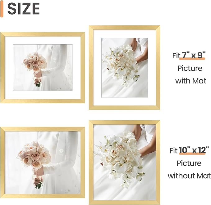 upsimples 10x12 Picture Frame, Display Pictures 7x9 with Mat or 10 x 12 Without, Wall Hanging Photo Frames, Gold, 1 Pack